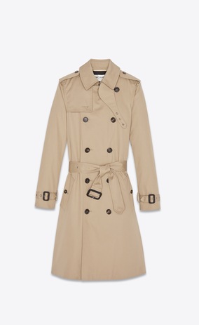 SAINT LAURENT Coats Woman Double breasted belted trench coat in sand gabardine a_V4